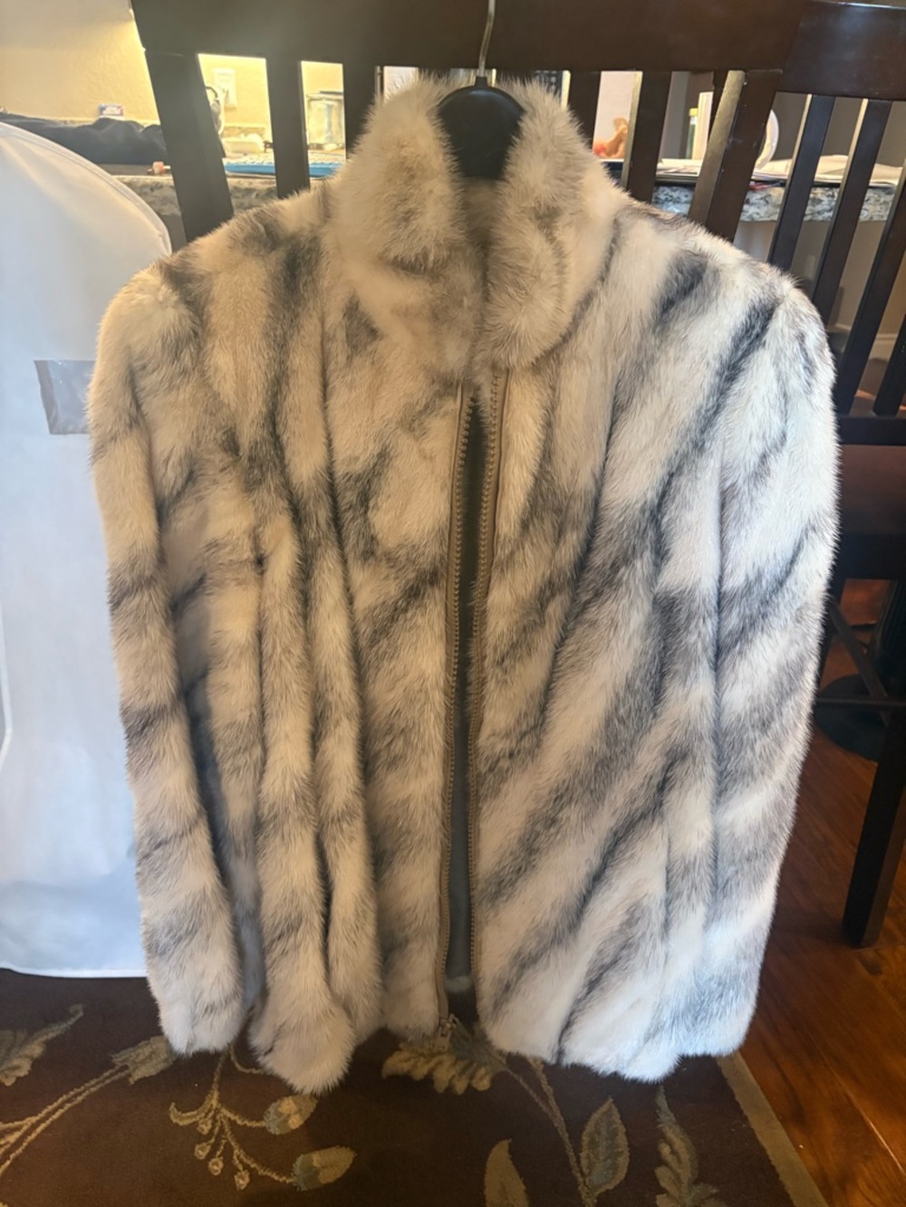 Classic Black Cross Mink Fur Zip-Front Jacket in Ivory and Gray